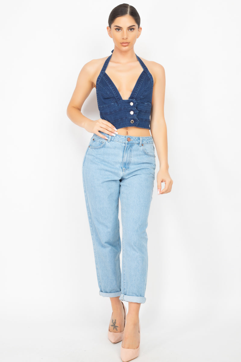 Denim Halter Neck Seamed Crop Top