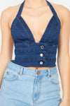 Denim Halter Neck Seamed Crop Top