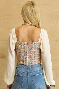 Tweed Bodice And Chiffon Square Top With Back Zipper