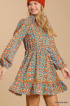 Collared neckline button down floral print dress with crochet trimmed details