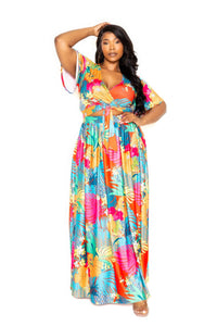 Conjunto de falda maxi floral tropical y top