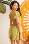 Light Green Woven Puff Short Sleeve Open Back Flare Mini Dress