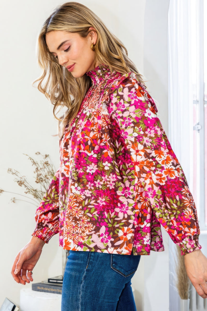 Blusa de Yugo Fruncido con Cuello Mock Floral