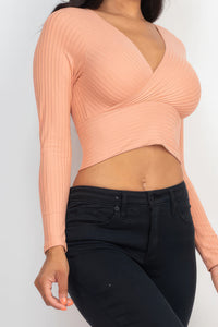 Ribbed Wrap Front Long Sleeve Top