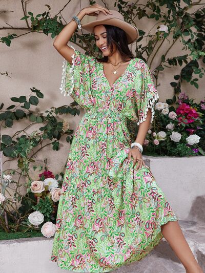 Smocked Floral V-Neck Short Sleeve Dress