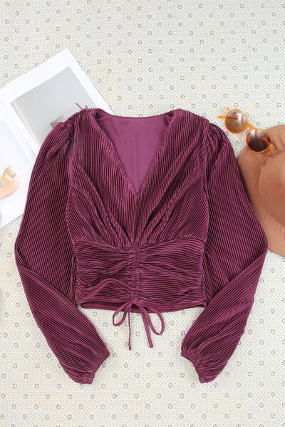 Drawstring V-Neck Balloon Sleeve Blouse